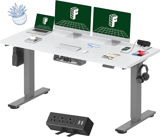 FLEXISPOT EN2 Whole-Piece Standing Desk with Clamp Power Strip, 60 x 24 Electric Stand Up Height Adjustable Desk with Cable Management (Gray Frame + 60" White Top, 2 Packages)