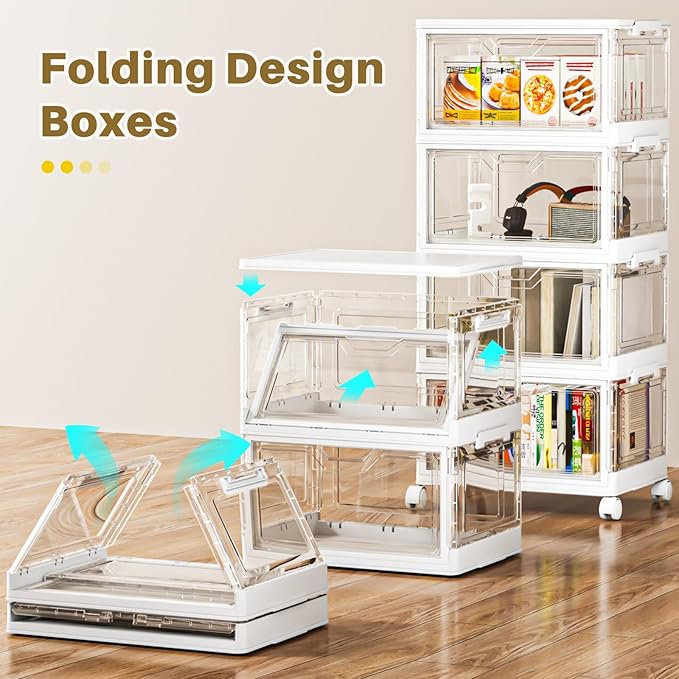 SNSLXH Portable Clear Storage Bins with Lids & Wheels, 24QT Clear Storage Bins with Lids, 4-Tier Plastic Bins with Wheels, Stackable, Magnetic Doors, for Bedroom, Living Room, Office