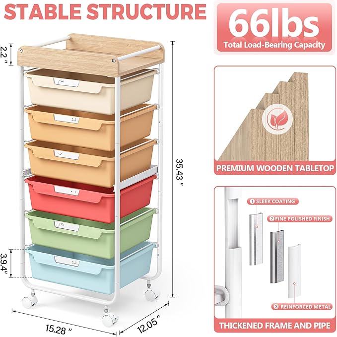 Rolling Storage Utility Cart With 6 Drawers,Art Supply Craft Organizer,Sewing Makeup Organizer And Storage,Office Organization Wooden Tabletop,Rainbow