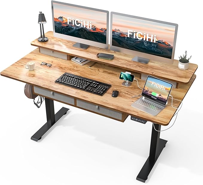 FiCiHi Adjustable Height Standing Desk with 4 Drawers,63 x 30 inches Electric Sit Stand Desk for Home Office,3 Memory Presets,Monitor Stand Riser,USB A/C Charging Port