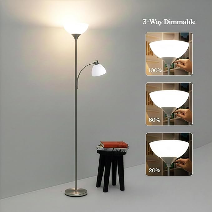 Brightech Sky Dome Plus LED Floor lamp, Torchiere Super Bright Floor Lamp with Reading Lamp for Living Rooms & Offices - Dimmable Tall Standing Lamp for Bedroom Reading - Silver