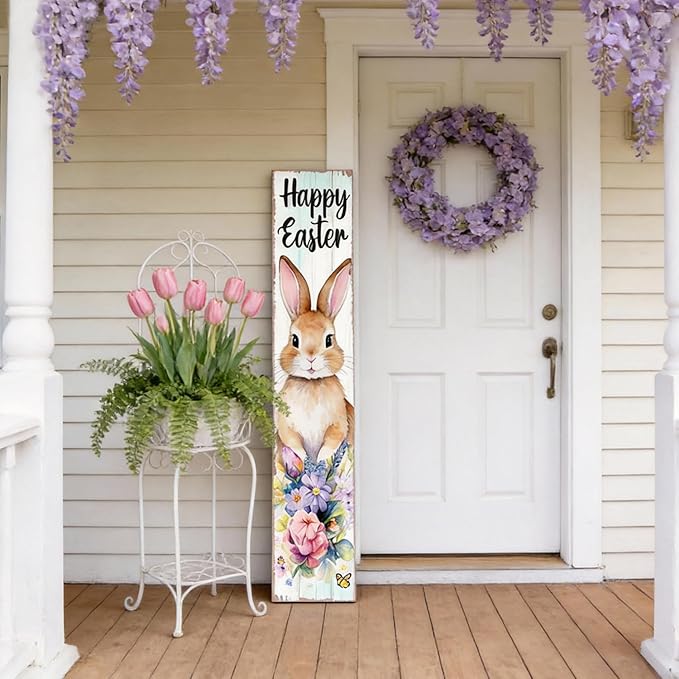 Happy Easter Bunny Welcome Sign for Front Door, 47 Inch Wood Framed Porch Sign Spring Easter Rabbit Flower Decorations with Hanging Rope, Farmhouse Rabbit Yard Signs Home Decor for Outdoor Patio