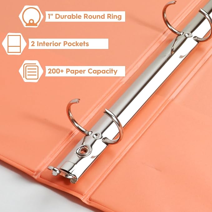 CIXILDTS 6-Pack 1-Inch Round Ring Binder, Standard 3 Ring Binder Fit Letter Size Paper, Presentation View Binders, Orange