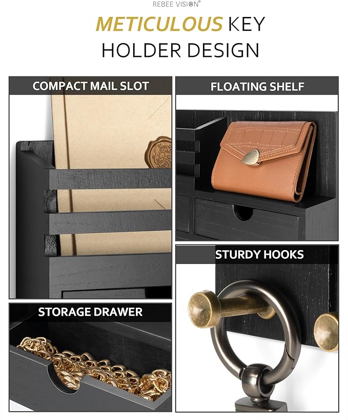 Rebee Vision Decorative Key Holder Wall Mount with 2 Drawer Organizer - Modern Mail Organizer with 6 Key Hooks & Shelf - Home Decor Aesthetic for Apartment Essentials (Black)
