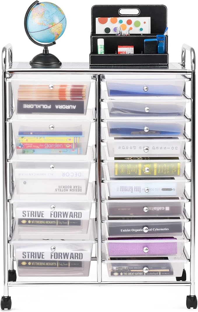 DORTALA 15-Drawer Rolling Storage Cart with Drawers, Rolling Utility Cart w/Removable Drawers & Universal Wheels, Tools Scrapbook Paper Organizer for School, Office, Home, Classroom (Clear)