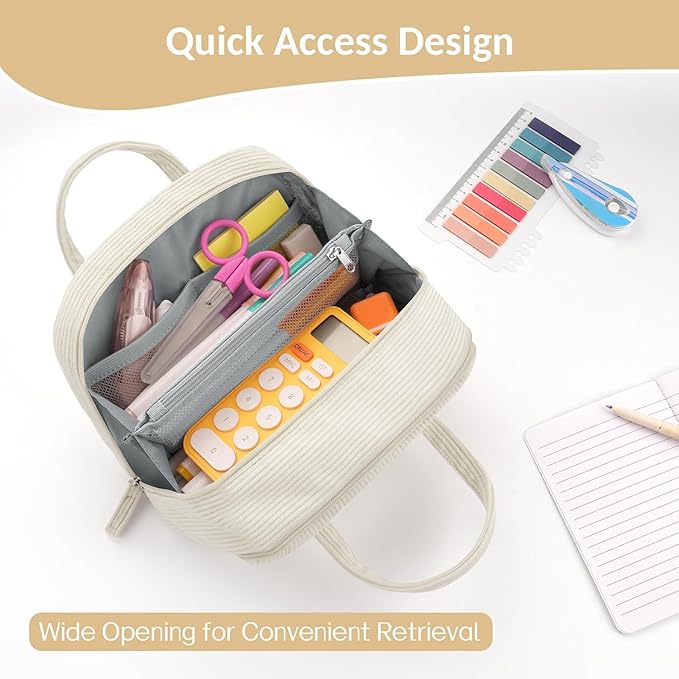 Sooez Large Pencil Case Pouch, Extra Big Pencil Bag with 5 Compartments, Pen Bag Wide Opening, Soft Corduroy Pencil Organizer with Zipper, Cute Aesthetic School Supplies for Teen Girls Light Pink