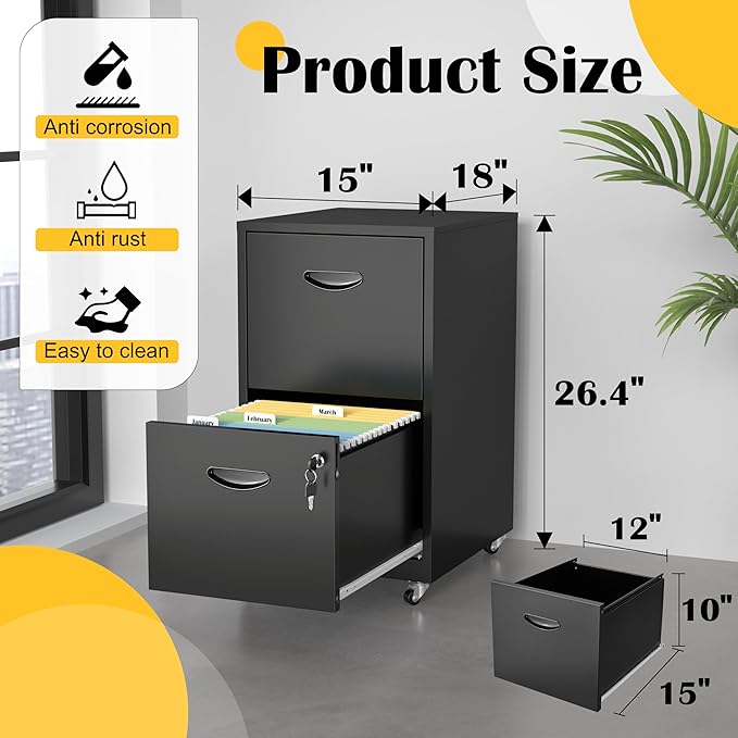 SteeLoong 2 Drawer File Cabinet with Lock，Black Rolling File Cabinet for Home Office, Metal Small Mobile Filing Cabinets on Wheels for Hanging Letter