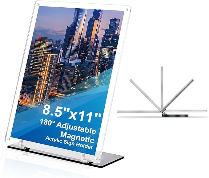 Rebehari 180° Adjustable Acrylic Sign Holder 8.5"x11", Magnetic Code Sign Menu Stand with Stable Base, Double-Sided Clear Table Paper Display Holder For Office, Store, Restaurant