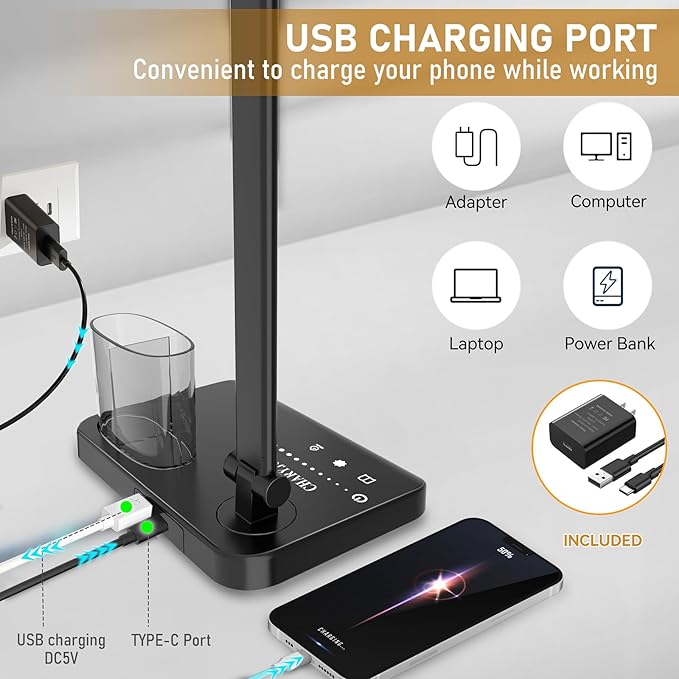 CHARYJOD Dimmable LED Desk Lamp with USB Charging Port Bright, 50 Lighting Modes Dual Swing Arm Architect Table Lamp Light Desk Lamp for Home Office Dorm Piano Nail