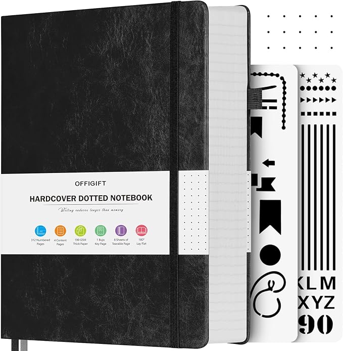 OFFIGIFT Bullet Dotted Journal Notebook, 312 Numbered Pages A5 Hardcover Leather Journal, 100gsm No Bleed Paper Dot Grid Notebook with Index Pages, Dot Journal for Women Men, 5.75" x 8.38", Black