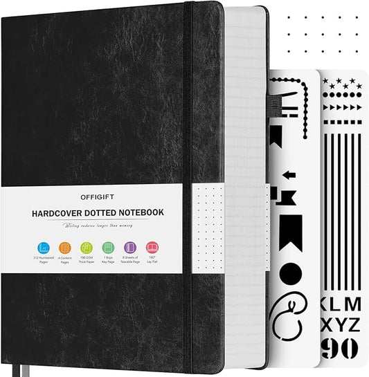 OFFIGIFT Bullet Dotted Journal Notebook, 312 Numbered Pages A5 Hardcover Leather Journal, 100gsm No Bleed Paper Dot Grid Notebook with Index Pages, Dot Journal for Women Men, 5.75" x 8.38", Black