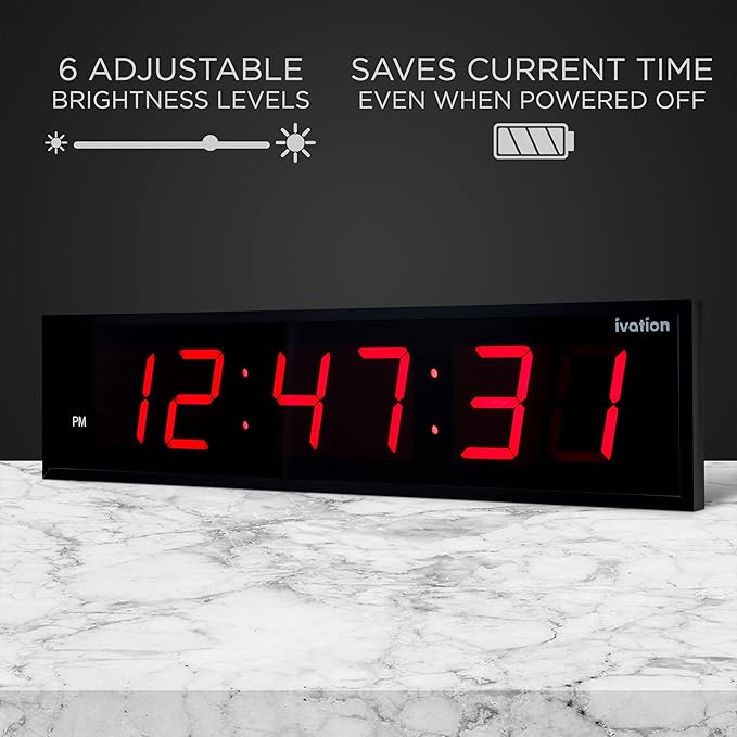 Ivation Huge Oversized 72" Large Digital LED Clock | Big Digital Clock w/Multi-Function Display – Stopwatch, Timer, Alarms, Temp & Date | 6 Brightness Levels, Time Memory & Remote (Red)