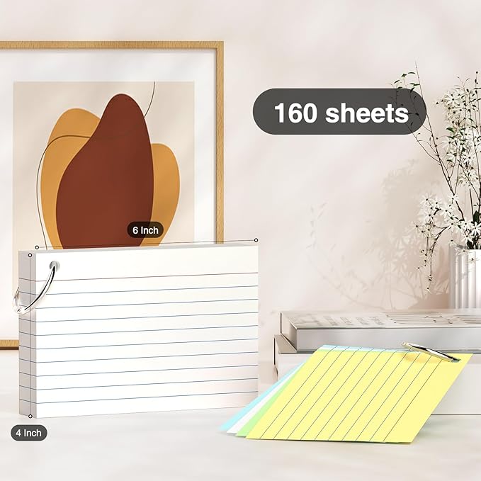 4 x 6 Inch Colored Index Cards, 160 Count Lined Flash Cards with Ring for Back to School, Ruled and Blank Note Cards for Office Supply, Portable Colorful Study Flashcards for Home and School