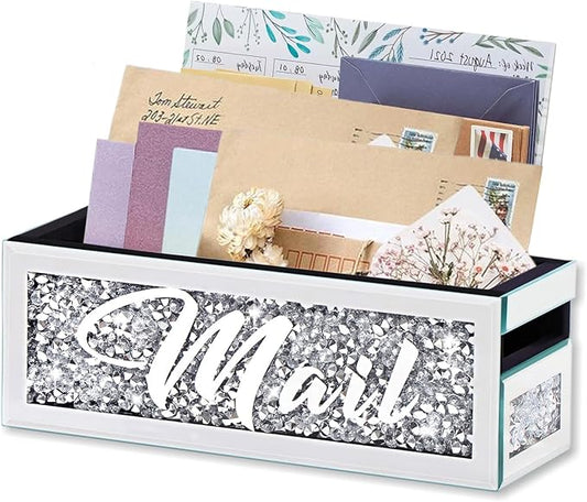 Crushed Diamond Mail Organizer, Crystal Mail Organizer Countertop, Mirror Letter Holder, Mail Tray, Mail Holder Box for Desk, Mail Holder for Wall