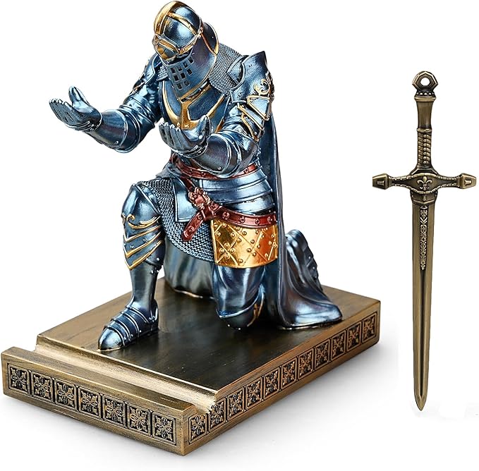 HDMbigmi King's Guard Leader Cloak Warrior Knight Pen Holder Mobile Phone Stand, Ornament Knight Statue, Pen Stand Paperweight for Office and Home (Blue)