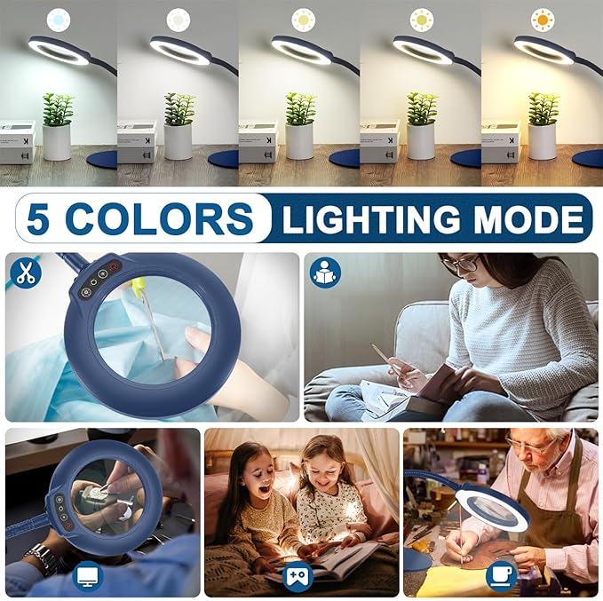 IVMAIE 10X Magnifying Glass with Light, Real Glass Lens, 5 Color Modes Dimmable, Flexible Gooseneck Lighted Magnifier with Stand, LED Desk Lamp Hands Free for Crafts Painting Reading Close Work, Blue