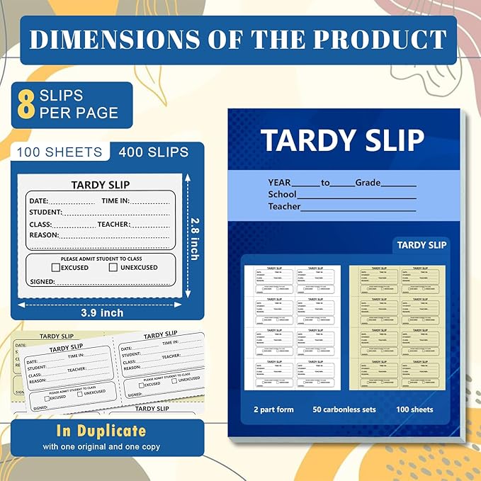 400 Pcs Tardy Slip Book with Carbonless Duplicates Easy Removal Fold and Tear with 3.9 * 2.8inch (Tardy Slips) 2 Part Form Register Book for Student Late Arrival School Supplies Teacher (400)