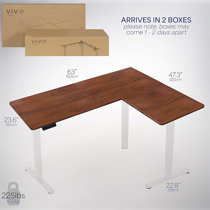 VIVO Electric Corner 63 x 47 inch L-Shaped Standing Desk, Memory Height Adjustment, Dark Walnut Top White Frame, DESK-E3CTWD-47