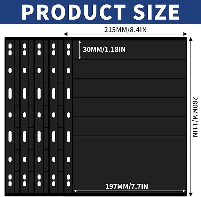5 Sheets 10 Pages Postage Stamp Album Pages, 8 Pockets 7.7x 1.18in Stamp Collection Inserts, 9 Hole Standard Stamp Collecting Album Sleeves for Stamp Collection Binder IS010810