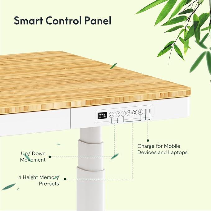 FLEXISPOT Q8 55" Bamboo Standing Desk, Dual Motor 3 Stages Adjustable Height Electric Computer Workstation w/Wireless Charging, Drawer, Quick Install, 220lbs Capacity (Bamboo Tabletop + White Frame)