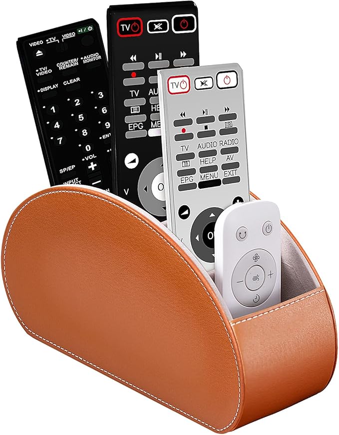 BONNY DODO Remote Control Holders Organizer Box with 5 Compartment PU Leather Multi-functional Office Desk Storage Caddy Store Tv Remote for Media Player,Brush,Pencil,Glassees&Office Supplies (Brown)