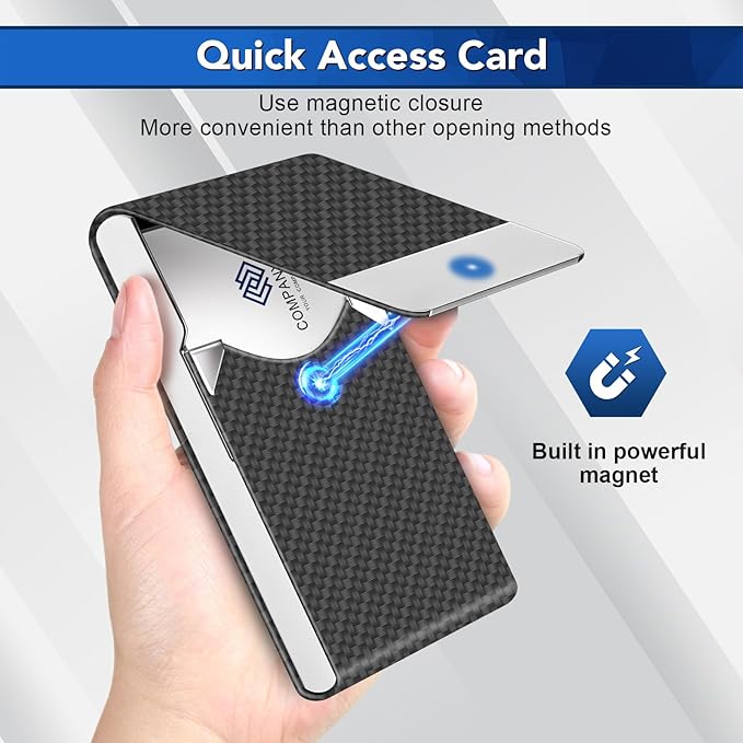 DMFLY Business Card Holder, Metal Slim Business Card Case, Pocket Card Holder for Women or Men, PU Leather Business Card Holder Case RFID Blocking Name Card Holder with Magnetic Closure, Black Carbon | Slim, Business Card Case, Pocket Card Holder, RFID...