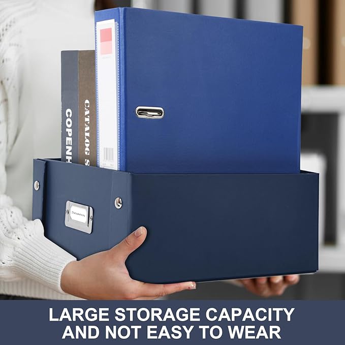 DLUGOPIS 2 Pcs Inch Checks Storage Box with Lid Document Boxes Document Bin Banker Boxes Foldable Receipt Box Storage Navy Blue Cardboard Record Boxes For Business Pesonal Books Files 12"x10"x5"