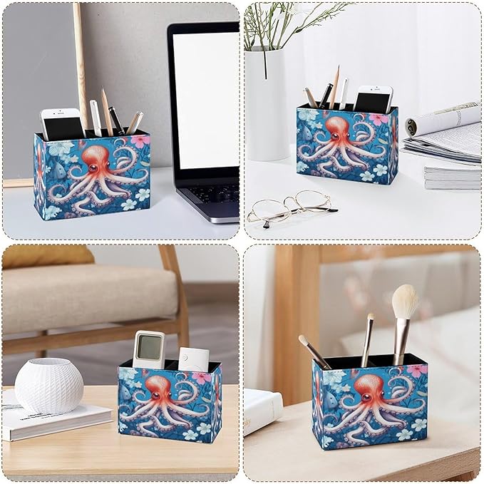 Famame Cute Octopus Flowers Pencil Holder for Desk, Leather Desktop Container Pen Cup Storage Study Table Pen Organizer Makeup Brush Holder for Classroom Office Home