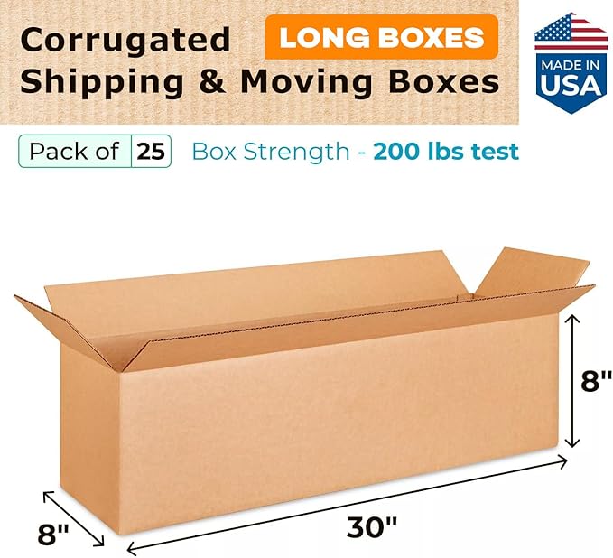 Long Shipping & Moving Boxes 30"L x 8"W x 8"H (25-Pack) - Extra Strength 200 lb vs Regular - Corrugated Durable Cardboard Boxes - Cardboard Moving Box - Heavy Duty Packing Box by IDL Packaging