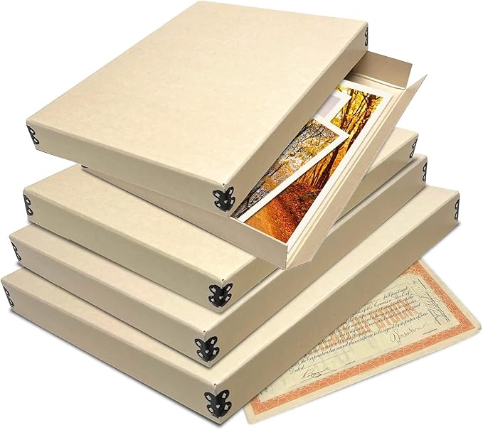 Lineco Museum Archival Storage Box, 11.75x15.25x1.5 in. Drop Front Design. Acid-Free with Metal Edge. Organize Photos, Pictures, Prints, Documents, Crafts, DIY. Tan, 2 Pack