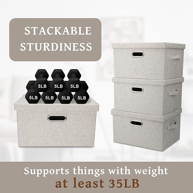 Graciadeco Medium 15" 21 Quart Collapsible Stackable Storage Bins with Lids, 5 Packs Beige Foldable Fabric Closet Boxes Heavy-duty Linen Cube Baskets Container for Bedroom Office (15 x 11 x 8)