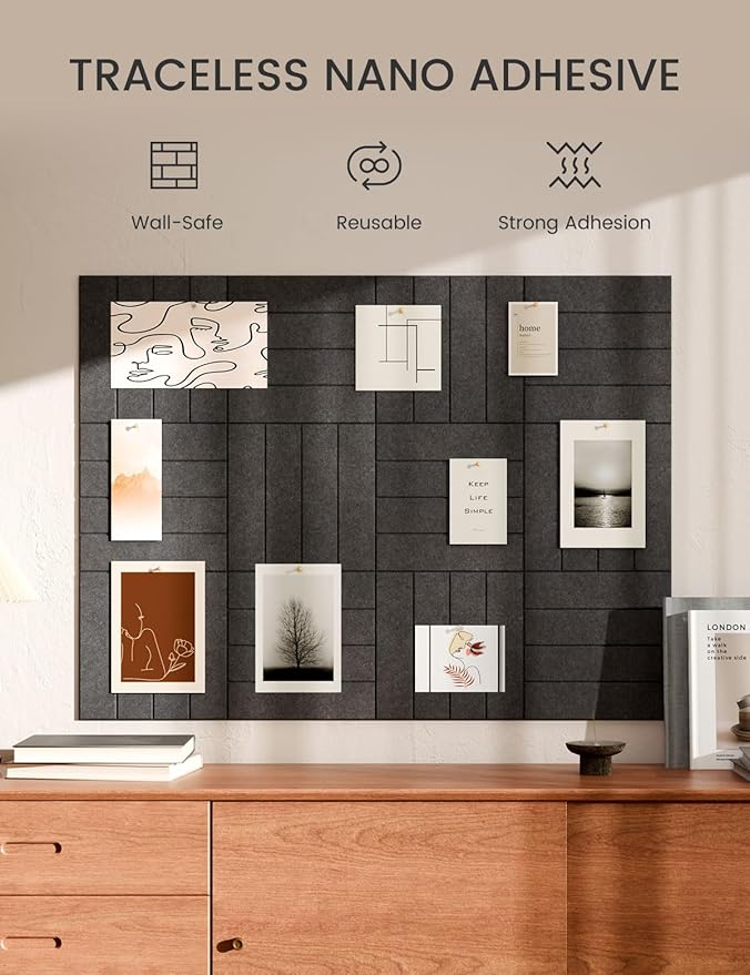 Bumusty Large Cork Board Alternative-47 x35 Felt Bulletin Board Tiles, with 30 Pushpins, 70 Adhesive Tabs, 12-Pack Slat Wall Paneling, Cork Boards for Office Push Pin Board Felt Board-Charcoal Gray