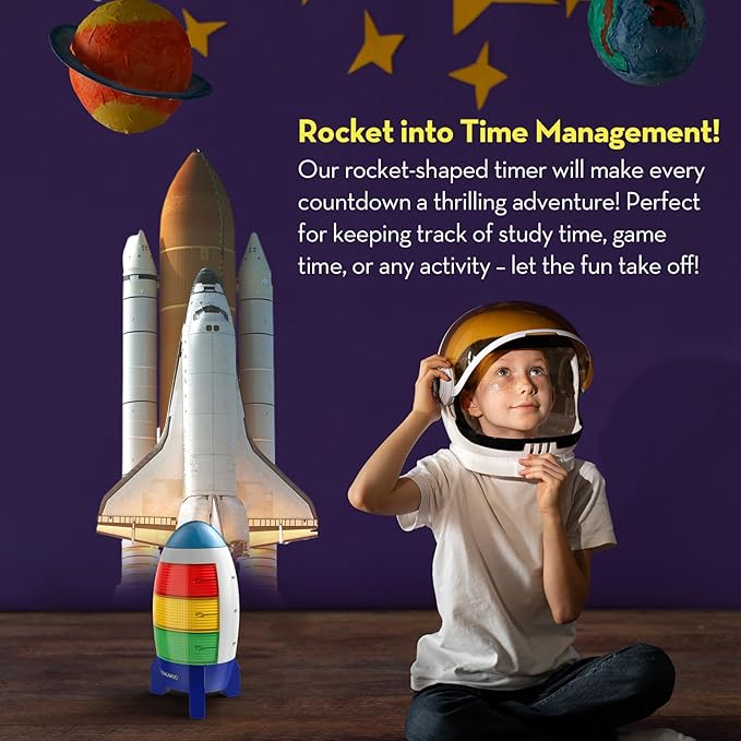 Countdown Timer! Blast Off Visual Timer for Kids with Audio Rocket, 0-24 Hour Countdown, Memory Function, Red Yellow Green Light, Easy Setup, Battery Operated for Classroom and Home Use