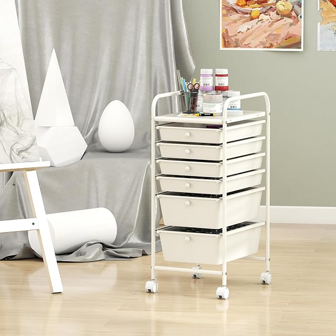 Giantex 6 Storage Drawer Cart Rolling Organizer Cart for Tools Scrapbook Paper Home Office School Multipurpose Mobile Utility Cart (Ivory)