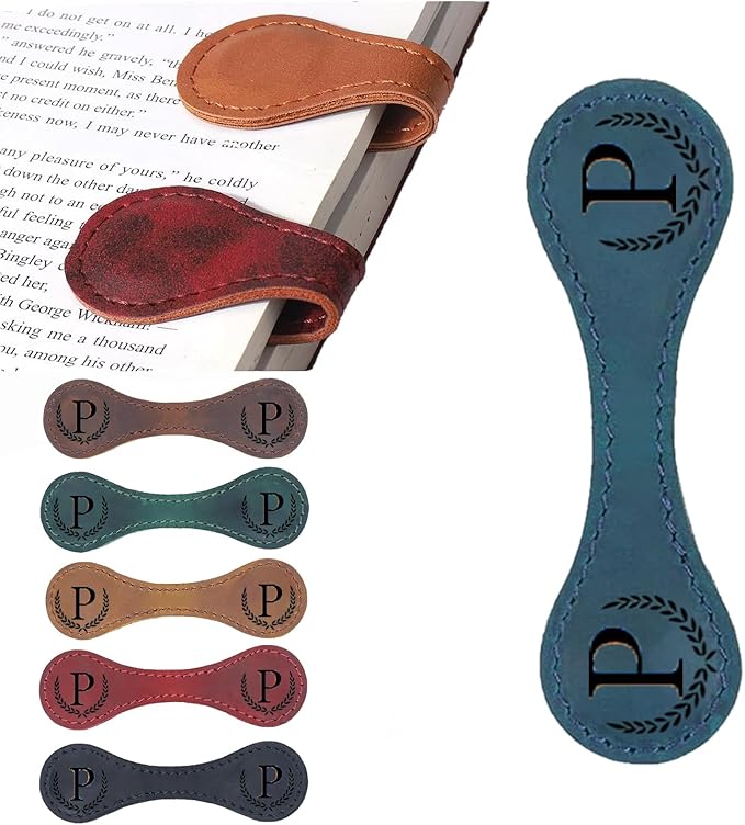 Personalized Magnetic Leather Bookmark, 26 Letters Custom Leather Bookmarks, Handmade, Leather Magnetic Bookmark for Book Lovers Readers Women Kid(Blue，P）