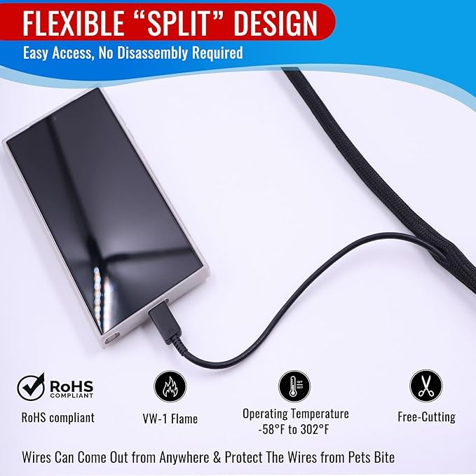 Flauzmann 1/2" Braided Cable Sleeve - 10Ft Cat Cord Protector Split Wire Loom Tubing Flexible Self Wrapping for USB, Audio, Automotive Cord, Dog Chew Proof Cable Protector - Black