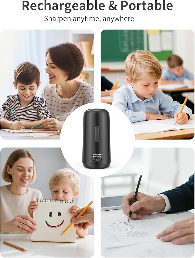 Aniborsa Automatic Electric Pencil Sharpener - Auto Feed, Auto Stop & Auto Eject, Rechargeable for Classroom, Home, School, Office, Black