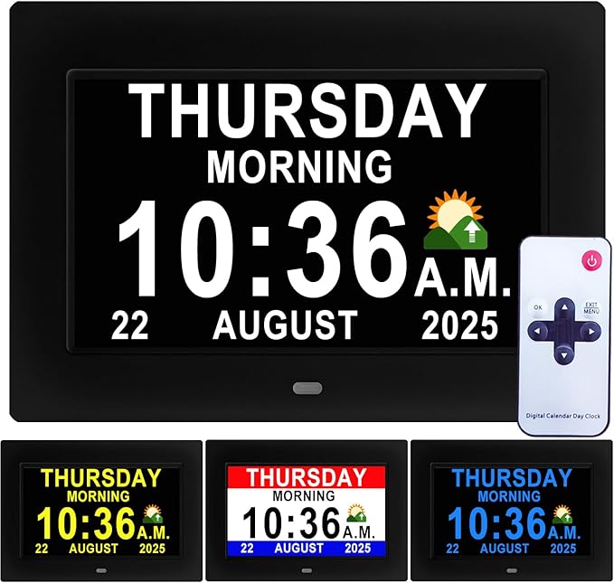 Véfaîî 2025 New, Digital Dementia Clock with Date and Time for Elderly, 10 Levels Auto Dimmer, 19 Alarms & Custom Reminders, Sun/Moon Icons, Auto DST, Large Display for Seniors- 7" with Remote