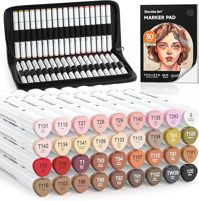 Shuttle Art 36 Colors Skin Tone&Hair Art Markers, Dual Tip Alcohol Based Marker Pen Set Contains 1 Blender 1 Carrying Case 1 Marker Pad Perfect for Kids & Adults Portrait,Comic, Anime, Manga