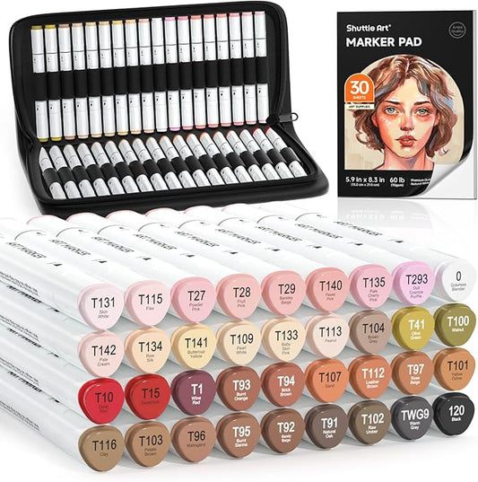 Shuttle Art 36 Colors Skin Tone&Hair Art Markers, Dual Tip Alcohol Based Marker Pen Set Contains 1 Blender 1 Carrying Case 1 Marker Pad Perfect for Kids & Adults Portrait,Comic, Anime, Manga