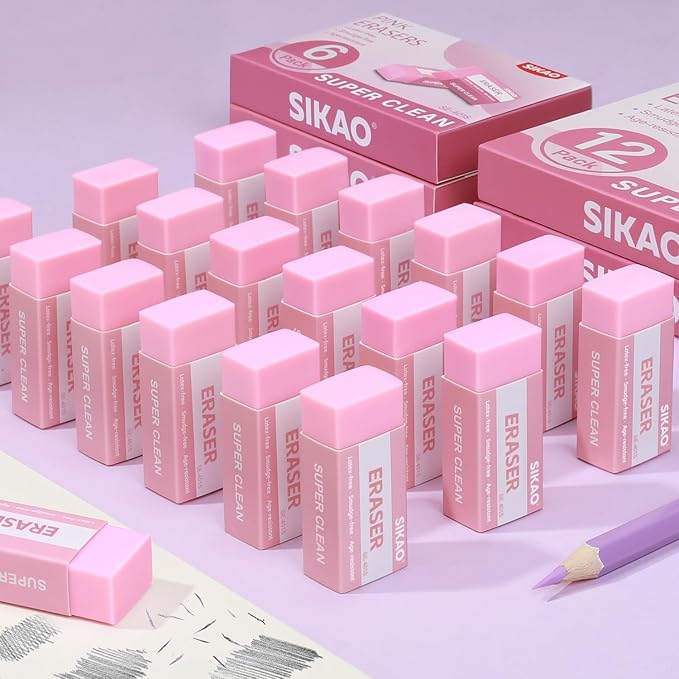 SIKAO Pink Erasers, 6 Pack Block Pencil Erasers – Smudge-Free Latex-Free Cute Erasers for Kids & Girls, School Supplies, Clean Erase for Homework, Journaling & Drawing