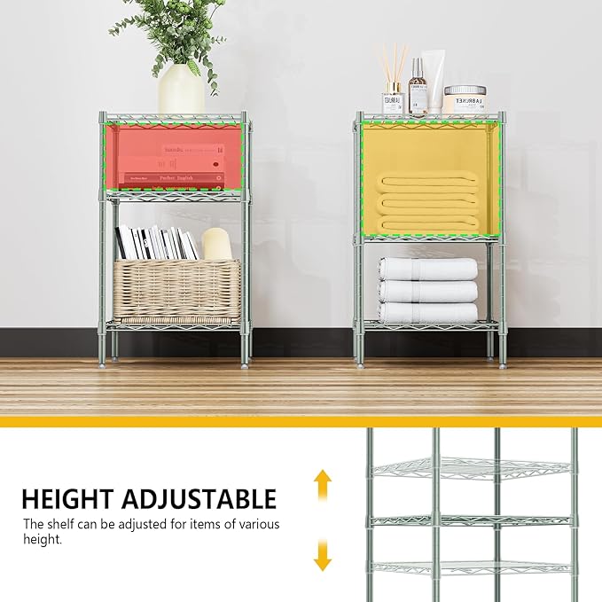 M MZG 750 lbs 3-Shelf Storage Shelves Wire Shelving Unit Standing Metal Rack for Small Places Narrow Wire Rack for Bathroom, Green 13.8 D x 13.8" W x 25.5" H