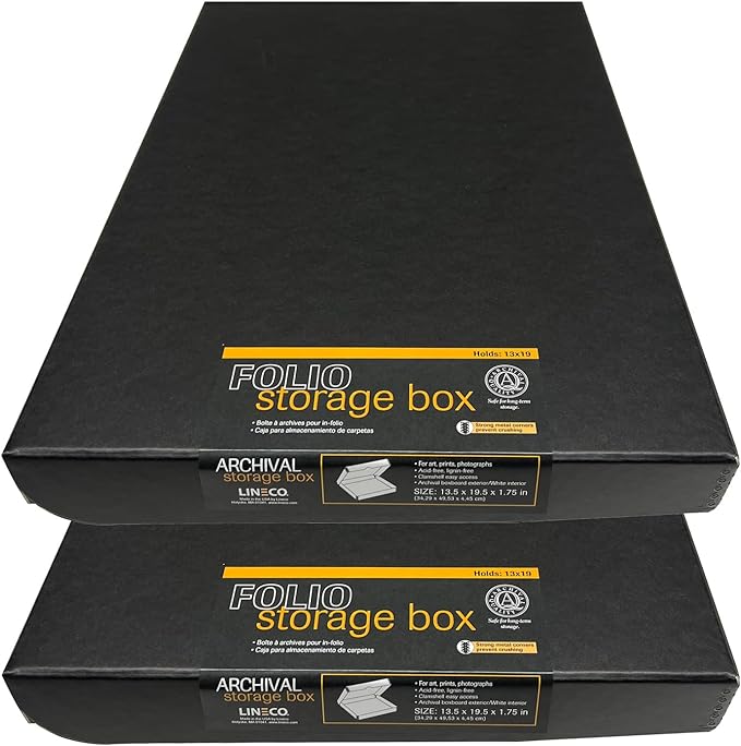 Lineco Folio Storage Box, Clamshell Design with Metal Edge. 13.5x19.5x1.75 Inches, Archival Boxboard, Preserve Photos, Cards, Magazines, Documents, Art, Ephemera, Family Records, Black, Pack of 2