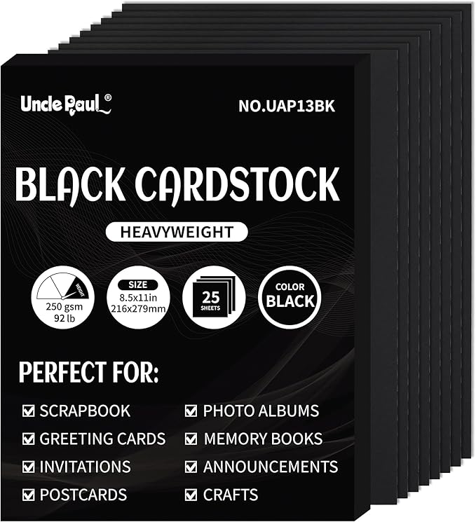 Black Cardstock - 8.5'' x 11'' 92lb Cover Card Stock Heavyweight Paper Perfect for Scrapbooking, Crafts, Business Cards 25 Sheets 250g UAP13BK