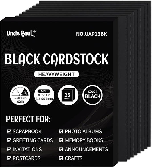 Black Cardstock - 8.5'' x 11'' 92lb Cover Card Stock Heavyweight Paper Perfect for Scrapbooking, Crafts, Business Cards 25 Sheets 250g UAP13BK