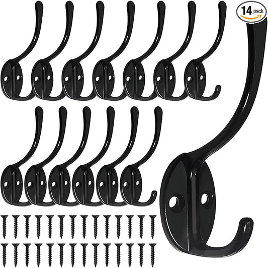 Homanu 14 Pack Coat Hooks Wall Mounted with 28 Screws, Heavy Duty Black Towel Hooks Metal Double Hooks, No Rust Retro Rustic Wall Hooks for Hanging Towel, Coat, Scarf, Bag, Hat, Cup, Key