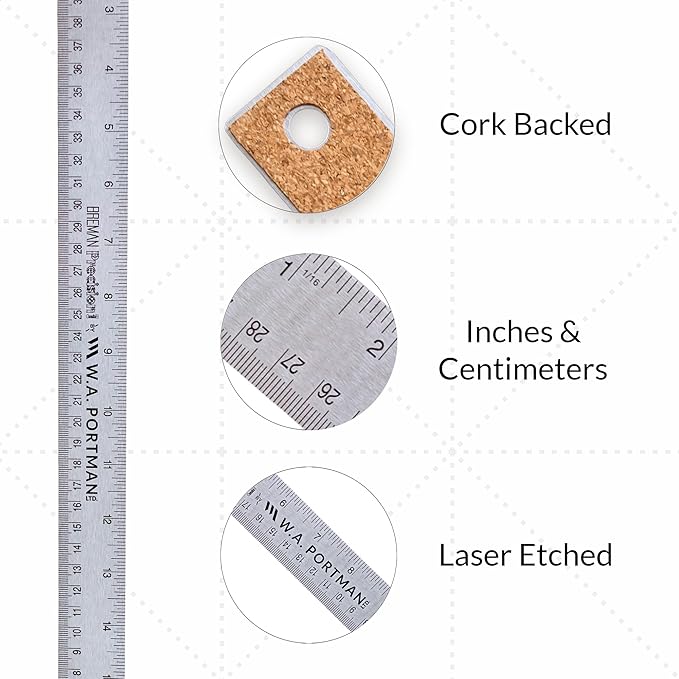Breman Precision Metal Ruler 18 Inch Cork Back – Stainless Steel Straight Edge, Flexible Non-Slip 18 Inch Metal Ruler with Cork Backing – Imperial & Metric for Crafting, School, Workshop & Home Use