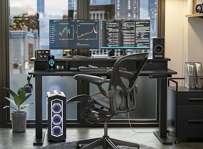 FEZIBO 63 x 28 Inch Deeper Height Adjustable Electric Standing Desk with Double Drawers, Sit Stand Up, Home Office Computer Desk with 4 Height-Adjustable Feets & 2 Hooks, Black Frame/Black Top