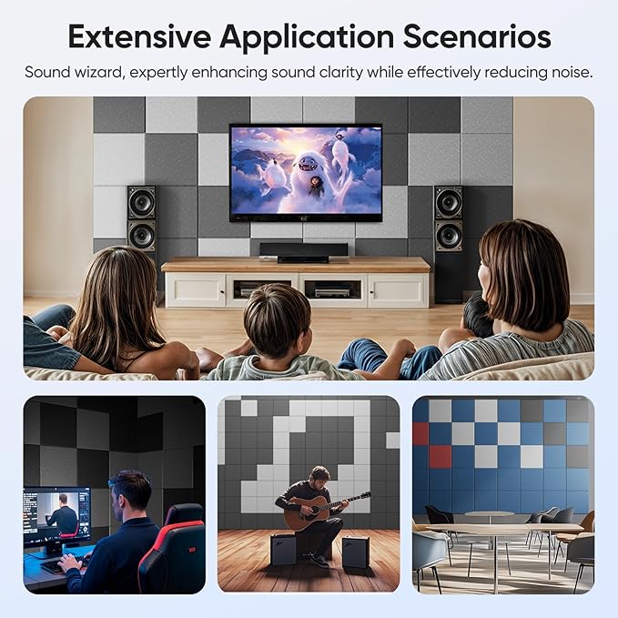 UNECHO 12 Pack 12" X 12" X 0.4" Acoustic Panels for Wall Sound Absorbing, Square Self-Adhesive Sound Panels, High Density Suitable for Multiple Scenarios(MoonLight Gray)