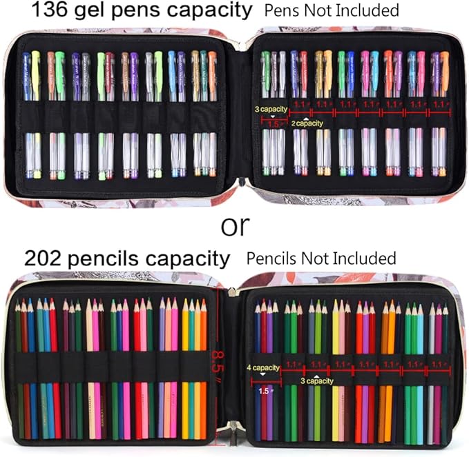Pencil Case Holder Slot - Holds 202 Colored Pencils or 136 Gel Pens with Zipper Closure - Large Capacity Polyester Pen Organizer for Watercolor Pens or Markers - Perfect for Artist Withered Roses